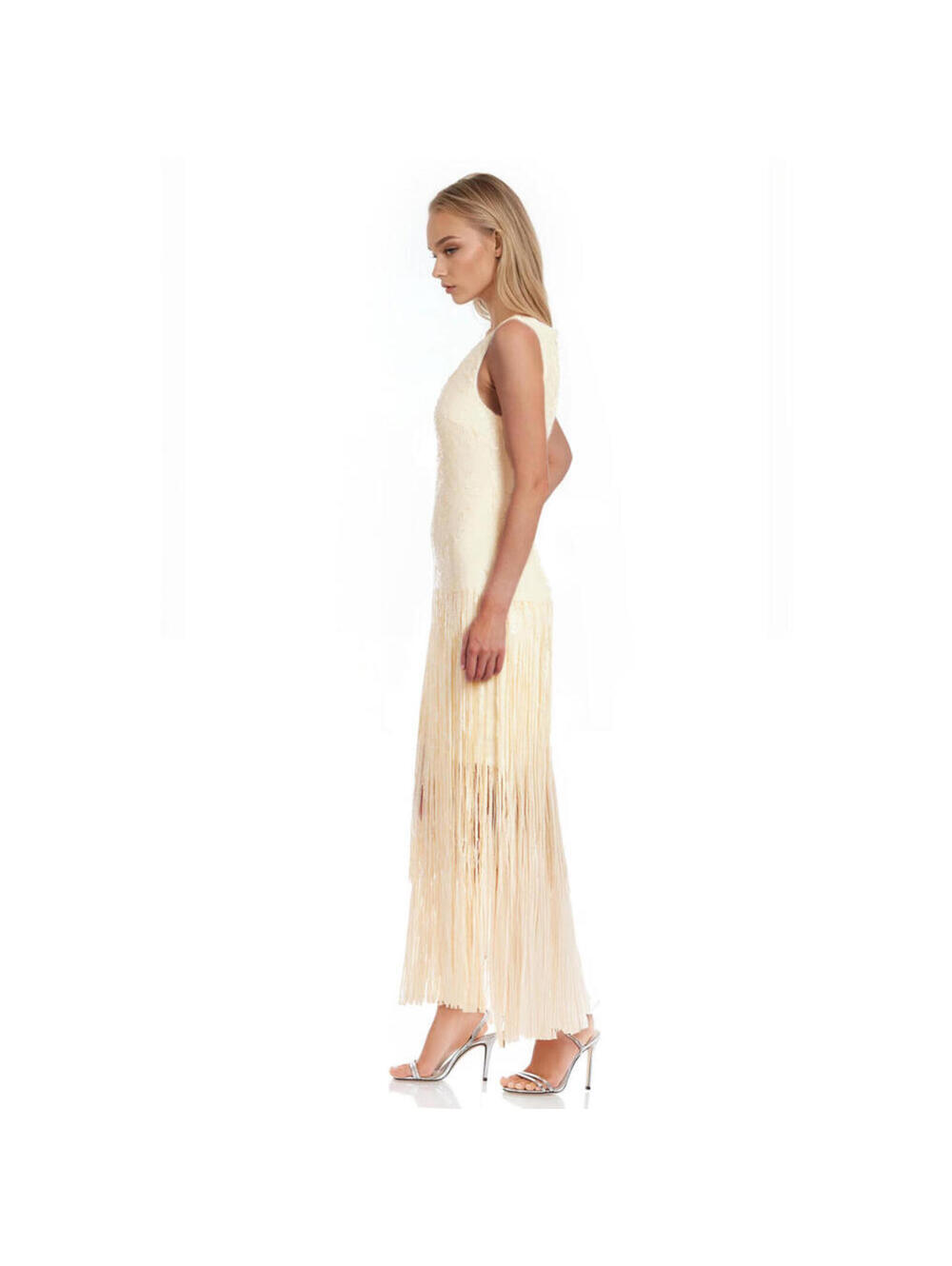 Badgley Mischka Emilia Tiered Sequin Fringe V-Neck Dress Buttercream * 2 Party - Picture 5 of 8